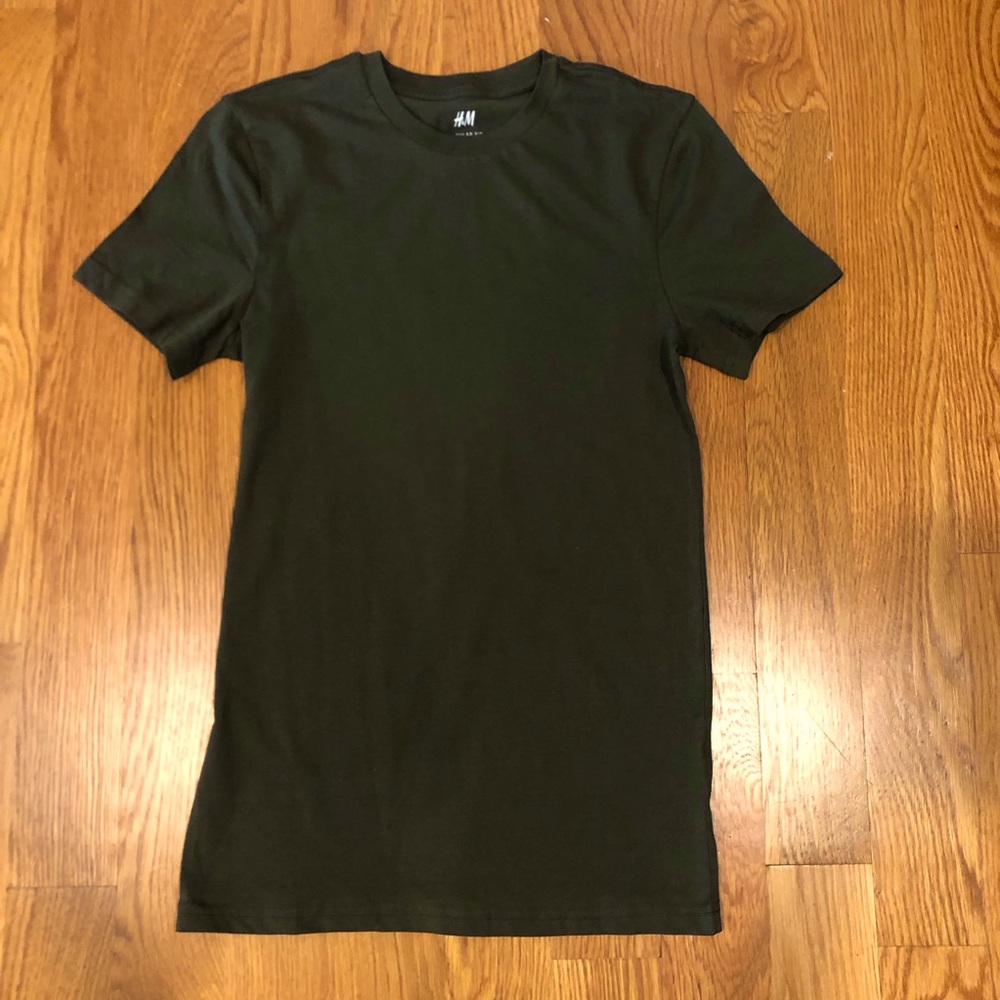 H&M Dark Olive Green Brown Mens Regular Fit Basic Cotton T-shirt Tee Top XS